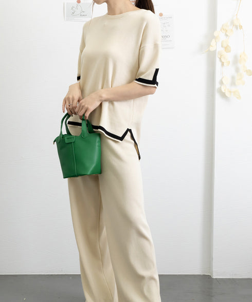 セットアップ 配色スリットニットとパンツ ラウンドネックニット ウエストゴムワイドパンツ オフィスカジュアル服セットアップ 体型カバー半袖2点セット 30代40代 90JINLONG-004