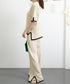 セットアップ 配色スリットニットとパンツ ラウンドネックニット ウエストゴムワイドパンツ オフィスカジュアル服セットアップ 体型カバー半袖2点セット 30代40代 90JINLONG-004