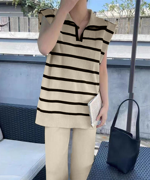 サマーニットセットアップ韓国風上下セット ツーピースセット ボーダ柄 ポロサマーニット ワイドパンツ 2点セット ゆったり オフィスカジュアル ニットアンサンブル 90JINLONG-005