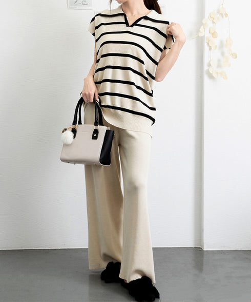 サマーニットセットアップ韓国風上下セット ツーピースセット ボーダ柄 ポロサマーニット ワイドパンツ 2点セット ゆったり オフィスカジュアル ニットアンサンブル 90JINLONG-005