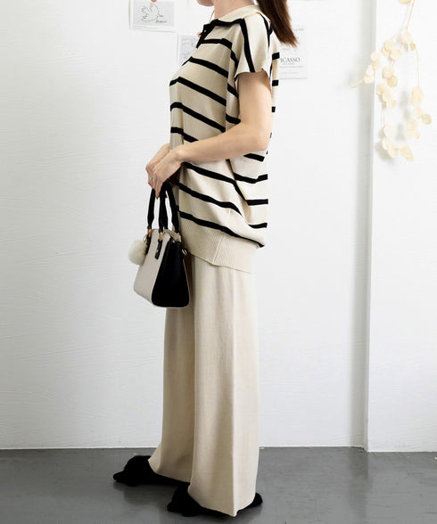 サマーニットセットアップ韓国風上下セット ツーピースセット ボーダ柄 ポロサマーニット ワイドパンツ 2点セット ゆったり オフィスカジュアル ニットアンサンブル 90JINLONG-005
