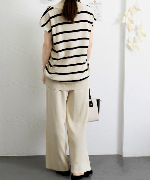 サマーニットセットアップ韓国風上下セット ツーピースセット ボーダ柄 ポロサマーニット ワイドパンツ 2点セット ゆったり オフィスカジュアル ニットアンサンブル 90JINLONG-005