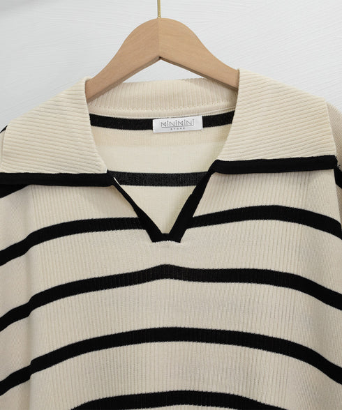 サマーニットセットアップ韓国風上下セット ツーピースセット ボーダ柄 ポロサマーニット ワイドパンツ 2点セット ゆったり オフィスカジュアル ニットアンサンブル 90JINLONG-005