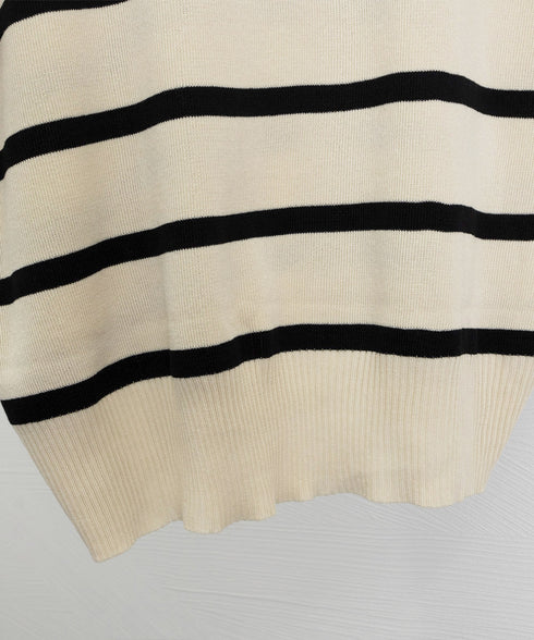 サマーニットセットアップ韓国風上下セット ツーピースセット ボーダ柄 ポロサマーニット ワイドパンツ 2点セット ゆったり オフィスカジュアル ニットアンサンブル 90JINLONG-005