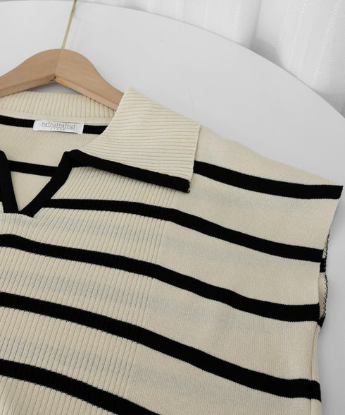 サマーニットセットアップ韓国風上下セット ツーピースセット ボーダ柄 ポロサマーニット ワイドパンツ 2点セット ゆったり オフィスカジュアル ニットアンサンブル 90JINLONG-005