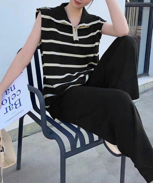 サマーニットセットアップ韓国風上下セット ツーピースセット ボーダ柄 ポロサマーニット ワイドパンツ 2点セット ゆったり オフィスカジュアル ニットアンサンブル 90JINLONG-005