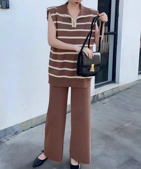サマーニットセットアップ韓国風上下セット ツーピースセット ボーダ柄 ポロサマーニット ワイドパンツ 2点セット ゆったり オフィスカジュアル ニットアンサンブル 90JINLONG-005