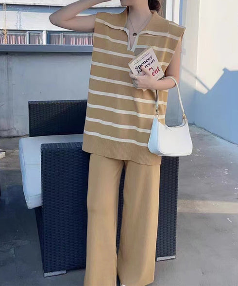 サマーニットセットアップ韓国風上下セット ツーピースセット ボーダ柄 ポロサマーニット ワイドパンツ 2点セット ゆったり オフィスカジュアル ニットアンサンブル 90JINLONG-005
