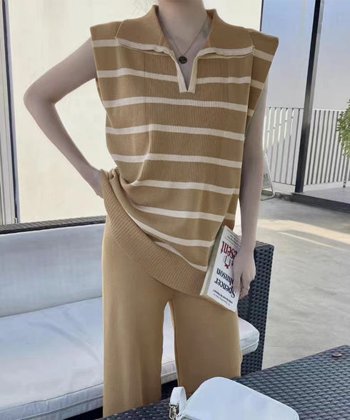 サマーニットセットアップ韓国風上下セット ツーピースセット ボーダ柄 ポロサマーニット ワイドパンツ 2点セット ゆったり オフィスカジュアル ニットアンサンブル 90JINLONG-005