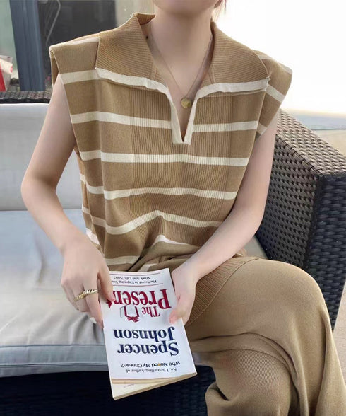 サマーニットセットアップ韓国風上下セット ツーピースセット ボーダ柄 ポロサマーニット ワイドパンツ 2点セット ゆったり オフィスカジュアル ニットアンサンブル 90JINLONG-005