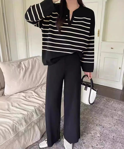 ニットセットアップ トップスパンツセット レディース スリットネック ボーダーニットトップス セミワイドパンツ上下セット ゆったり らくちん ニットパンツ 韓国風 90JINLONG-006