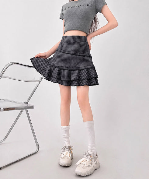 ミニティアードスカートギンガムチェック柄 ハイウエストフリルスカート 大人可愛いフレアスカートインナーパンツ付き Y2K着やせAラインスカート春夏美脚ミニスカート 90JRJH-001