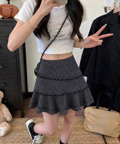 ミニティアードスカートギンガムチェック柄 ハイウエストフリルスカート 大人可愛いフレアスカートインナーパンツ付き Y2K着やせAラインスカート春夏美脚ミニスカート 90JRJH-001