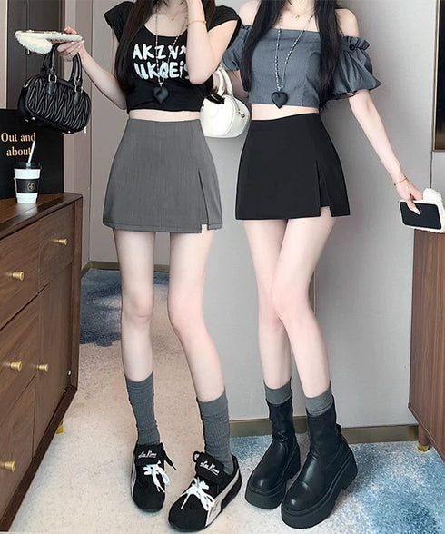 ハイウエストスカパン美脚ミニ丈キュロット レディースインナーパンツ付きミニスカートパンツ 韓国風 着やせショートパンツ 台形シルエットフロントスリット脚長ボトムス 90JRJH-002