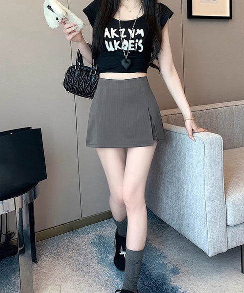 ハイウエストスカパン美脚ミニ丈キュロット レディースインナーパンツ付きミニスカートパンツ 韓国風 着やせショートパンツ 台形シルエットフロントスリット脚長ボトムス 90JRJH-002