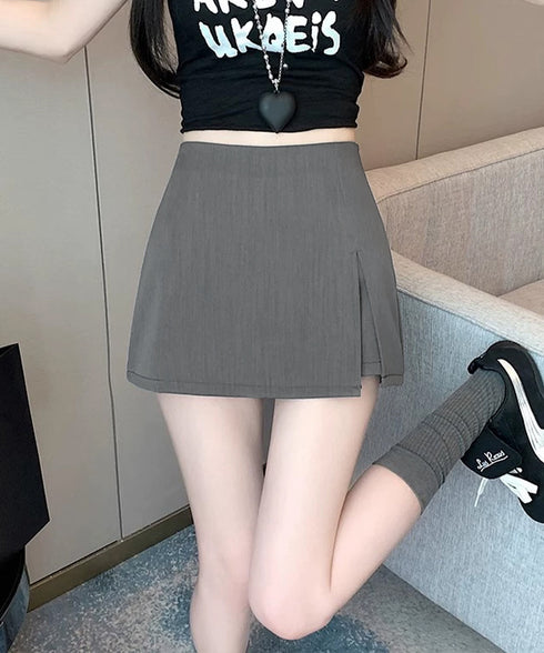 ハイウエストスカパン美脚ミニ丈キュロット レディースインナーパンツ付きミニスカートパンツ 韓国風 着やせショートパンツ 台形シルエットフロントスリット脚長ボトムス 90JRJH-002