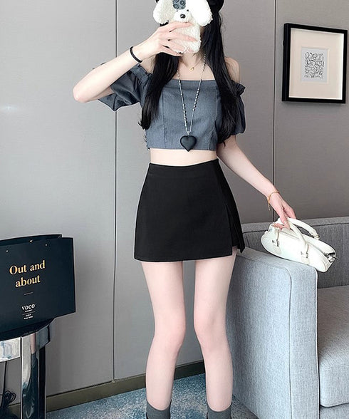 ハイウエストスカパン美脚ミニ丈キュロット レディースインナーパンツ付きミニスカートパンツ 韓国風 着やせショートパンツ 台形シルエットフロントスリット脚長ボトムス 90JRJH-002