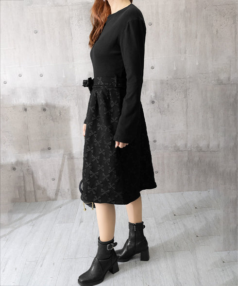 リボン柄フレアワンピース ウエストマーク 大人可愛い長袖ワンピースレディース 着やせ レトロ風Aラインワンピース お洒落ベルト付きドレス結婚式 韓国ファッション 90JYD-001