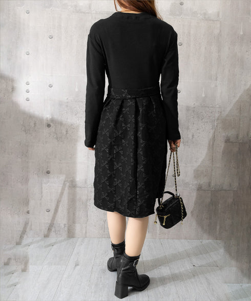 リボン柄フレアワンピース ウエストマーク 大人可愛い長袖ワンピースレディース 着やせ レトロ風Aラインワンピース お洒落ベルト付きドレス結婚式 韓国ファッション 90JYD-001