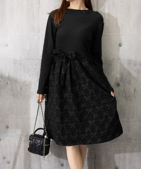 リボン柄フレアワンピース ウエストマーク 大人可愛い長袖ワンピースレディース 着やせ レトロ風Aラインワンピース お洒落ベルト付きドレス結婚式 韓国ファッション 90JYD-001