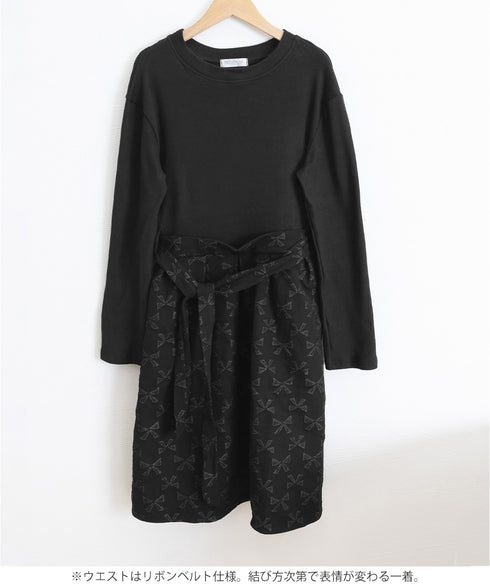 リボン柄フレアワンピース ウエストマーク 大人可愛い長袖ワンピースレディース 着やせ レトロ風Aラインワンピース お洒落ベルト付きドレス結婚式 韓国ファッション 90JYD-001