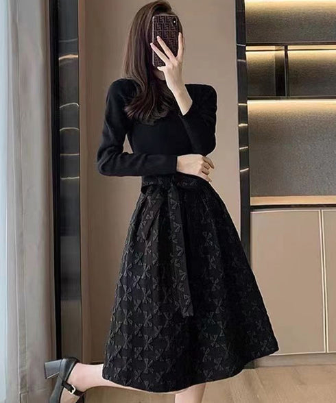 リボン柄フレアワンピース ウエストマーク 大人可愛い長袖ワンピースレディース 着やせ レトロ風Aラインワンピース お洒落ベルト付きドレス結婚式 韓国ファッション 90JYD-001