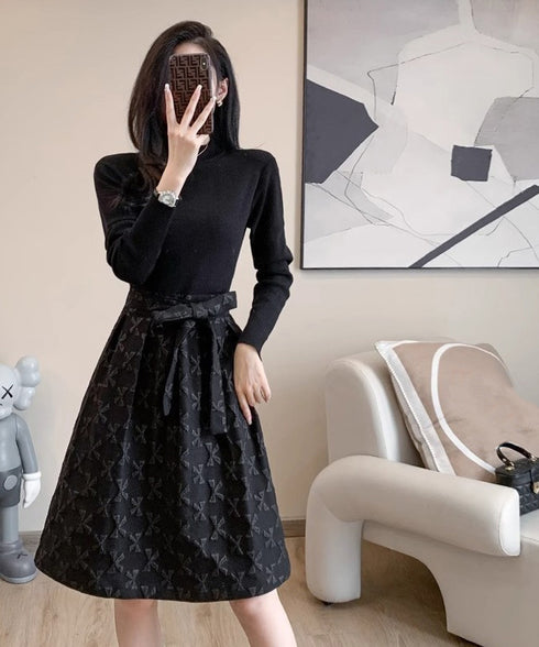 リボン柄フレアワンピース ウエストマーク 大人可愛い長袖ワンピースレディース 着やせ レトロ風Aラインワンピース お洒落ベルト付きドレス結婚式 韓国ファッション 90JYD-001