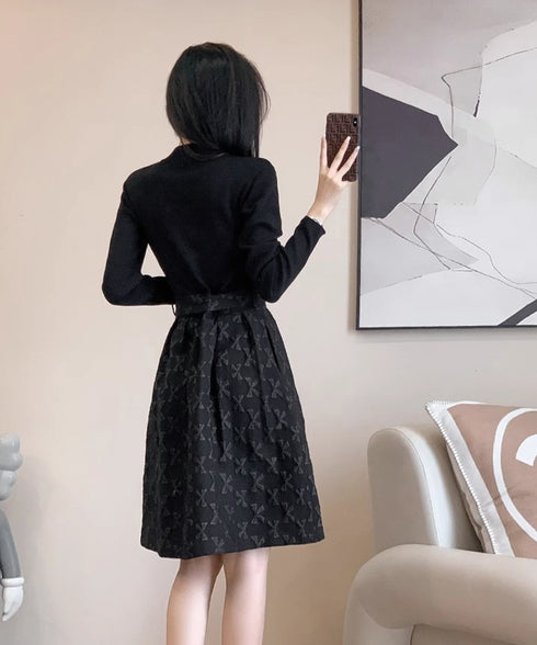 リボン柄フレアワンピース ウエストマーク 大人可愛い長袖ワンピースレディース 着やせ レトロ風Aラインワンピース お洒落ベルト付きドレス結婚式 韓国ファッション 90JYD-001