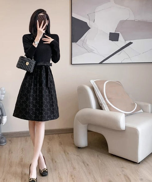 リボン柄フレアワンピース ウエストマーク 大人可愛い長袖ワンピースレディース 着やせ レトロ風Aラインワンピース お洒落ベルト付きドレス結婚式 韓国ファッション 90JYD-001