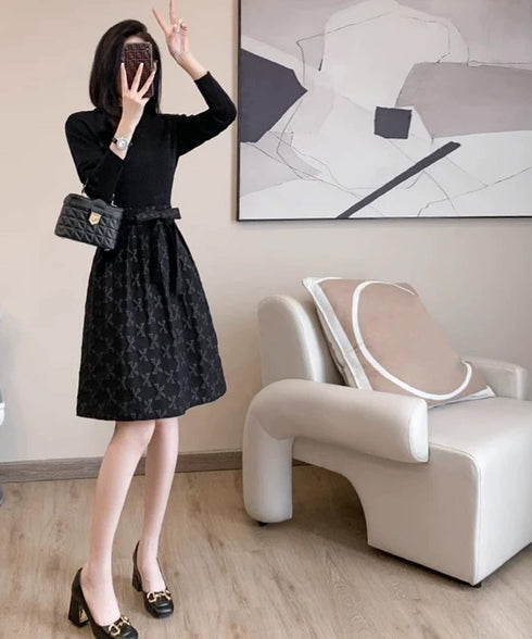 リボン柄フレアワンピース ウエストマーク 大人可愛い長袖ワンピースレディース 着やせ レトロ風Aラインワンピース お洒落ベルト付きドレス結婚式 韓国ファッション 90JYD-001