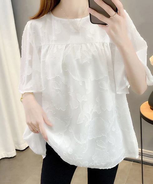 フレア袖シフォンブラウス レディース夏服 ジャガードブラウス 透け感フレアスリーブ 夏トップス半袖 カジュアルきれいめ フェミニン ゆったりプルオーバー涼しげ薄手 90KUKU-001