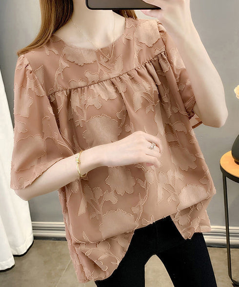 フレア袖シフォンブラウス レディース夏服 ジャガードブラウス 透け感フレアスリーブ 夏トップス半袖 カジュアルきれいめ フェミニン ゆったりプルオーバー涼しげ薄手 90KUKU-001