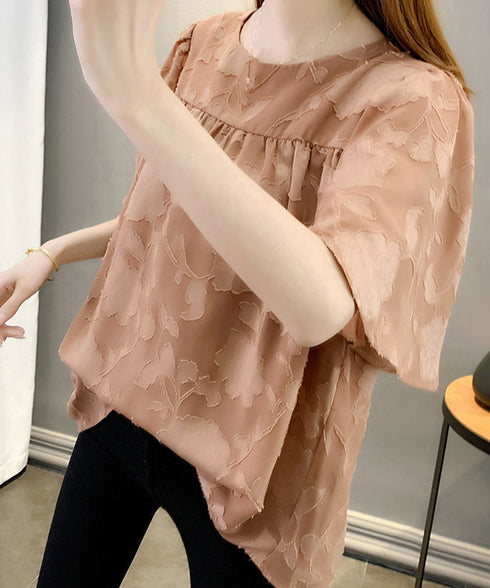 フレア袖シフォンブラウス レディース夏服 ジャガードブラウス 透け感フレアスリーブ 夏トップス半袖 カジュアルきれいめ フェミニン ゆったりプルオーバー涼しげ薄手 90KUKU-001