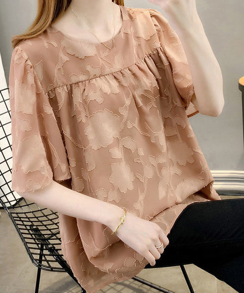フレア袖シフォンブラウス レディース夏服 ジャガードブラウス 透け感フレアスリーブ 夏トップス半袖 カジュアルきれいめ フェミニン ゆったりプルオーバー涼しげ薄手 90KUKU-001
