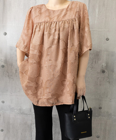 フレア袖シフォンブラウス レディース夏服 ジャガードブラウス 透け感フレアスリーブ 夏トップス半袖 カジュアルきれいめ フェミニン ゆったりプルオーバー涼しげ薄手 90KUKU-001
