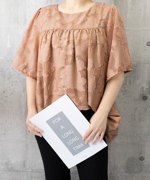 フレア袖シフォンブラウス レディース夏服 ジャガードブラウス 透け感フレアスリーブ 夏トップス半袖 カジュアルきれいめ フェミニン ゆったりプルオーバー涼しげ薄手 90KUKU-001