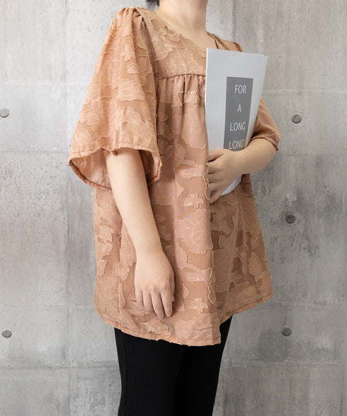 フレア袖シフォンブラウス レディース夏服 ジャガードブラウス 透け感フレアスリーブ 夏トップス半袖 カジュアルきれいめ フェミニン ゆったりプルオーバー涼しげ薄手 90KUKU-001