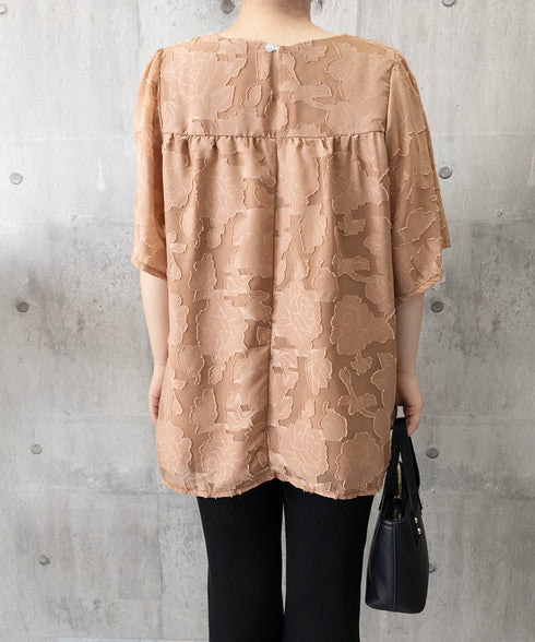 フレア袖シフォンブラウス レディース夏服 ジャガードブラウス 透け感フレアスリーブ 夏トップス半袖 カジュアルきれいめ フェミニン ゆったりプルオーバー涼しげ薄手 90KUKU-001