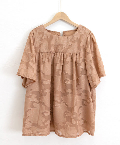 フレア袖シフォンブラウス レディース夏服 ジャガードブラウス 透け感フレアスリーブ 夏トップス半袖 カジュアルきれいめ フェミニン ゆったりプルオーバー涼しげ薄手 90KUKU-001