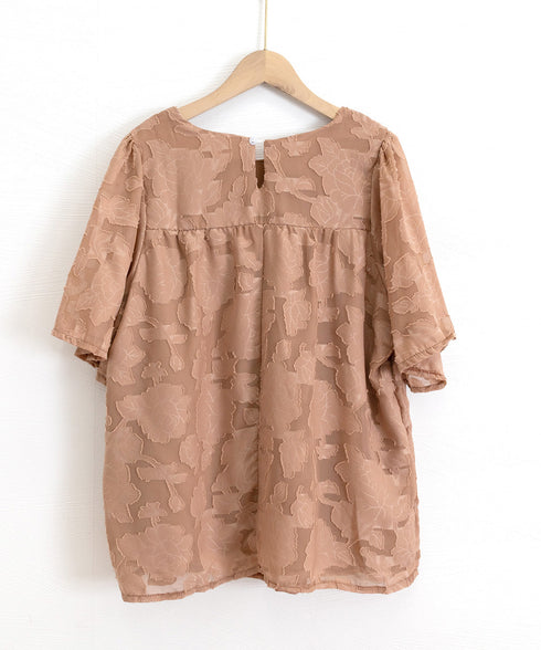 フレア袖シフォンブラウス レディース夏服 ジャガードブラウス 透け感フレアスリーブ 夏トップス半袖 カジュアルきれいめ フェミニン ゆったりプルオーバー涼しげ薄手 90KUKU-001