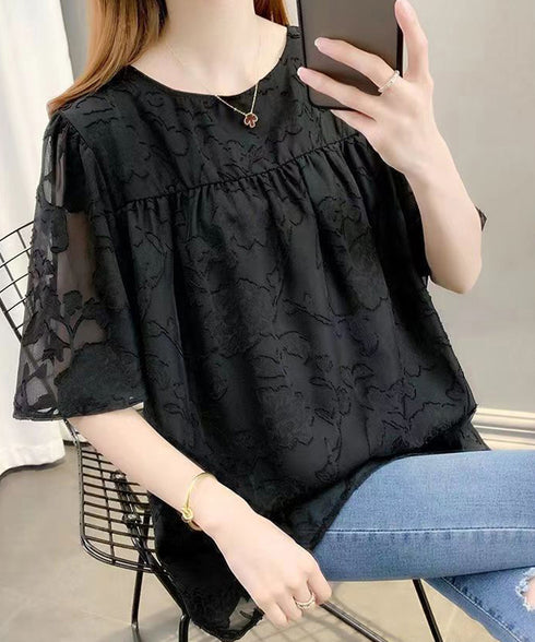 フレア袖シフォンブラウス レディース夏服 ジャガードブラウス 透け感フレアスリーブ 夏トップス半袖 カジュアルきれいめ フェミニン ゆったりプルオーバー涼しげ薄手 90KUKU-001