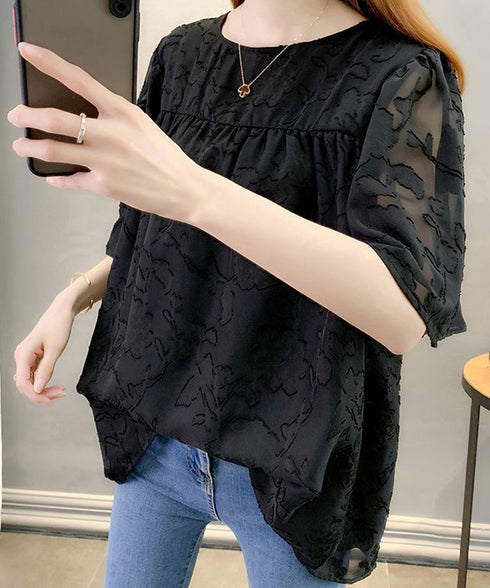 フレア袖シフォンブラウス レディース夏服 ジャガードブラウス 透け感フレアスリーブ 夏トップス半袖 カジュアルきれいめ フェミニン ゆったりプルオーバー涼しげ薄手 90KUKU-001