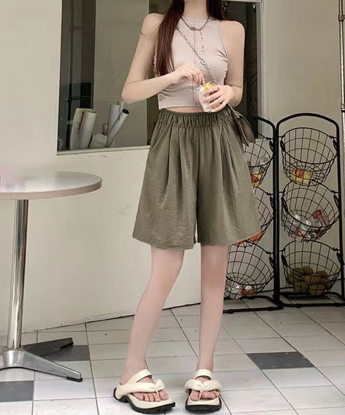韓国風 ワイドショートパンツ レディース ハイウエスト ショーパン ゆったり 体型カバー 無地ハーフパンツ ウエストゴム 短パンリラックス部屋着 着やせ 半ズボン 90LUANSU-001