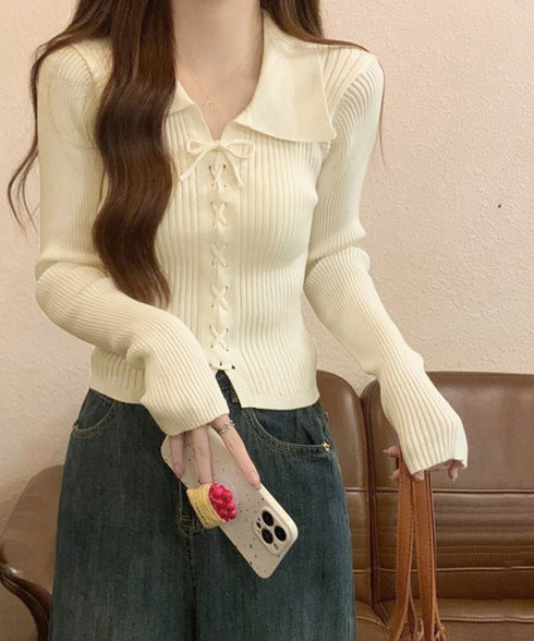 レースアップ リブニットトップス 韓国風 着やせ ニットプルオーバーレディース リボン 大人フェミニン ガーリーニット ビッグ襟 Vネックニットカットソー 春秋冬 90MTYZF-001