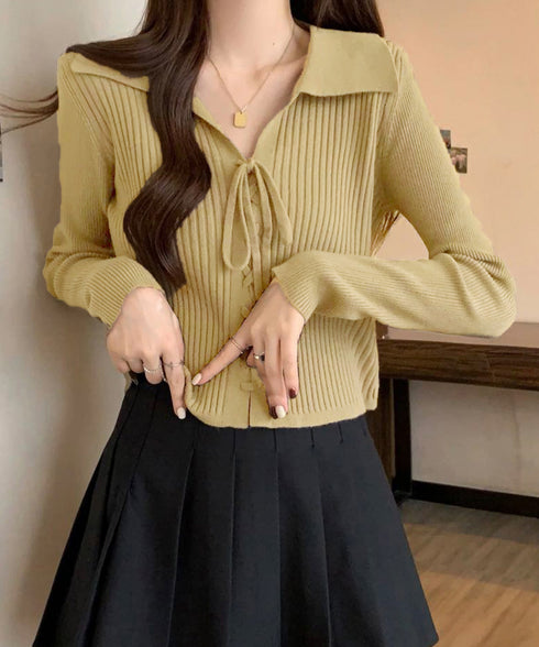 レースアップ リブニットトップス 韓国風 着やせ ニットプルオーバーレディース リボン 大人フェミニン ガーリーニット ビッグ襟 Vネックニットカットソー 春秋冬 90MTYZF-001