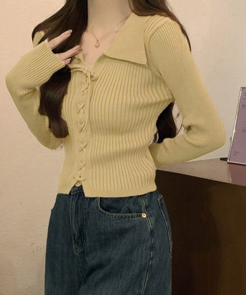 レースアップ リブニットトップス 韓国風 着やせ ニットプルオーバーレディース リボン 大人フェミニン ガーリーニット ビッグ襟 Vネックニットカットソー 春秋冬 90MTYZF-001