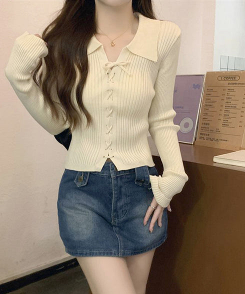レースアップ リブニットトップス 韓国風 着やせ ニットプルオーバーレディース リボン 大人フェミニン ガーリーニット ビッグ襟 Vネックニットカットソー 春秋冬 90MTYZF-001