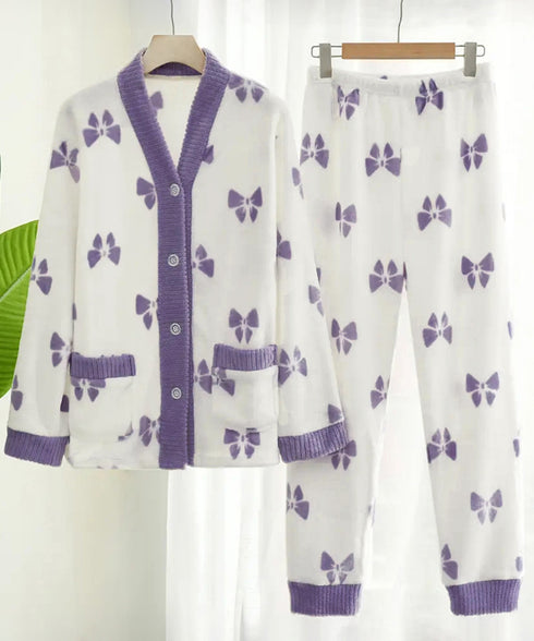 リボン柄 フリースルームウエア上下セット あったか冬パジャマセットアップ 可愛い部屋着2点セット リラックスウエア暖かい フリースカーディガン長ズボンナイトウェア 90NMM-001