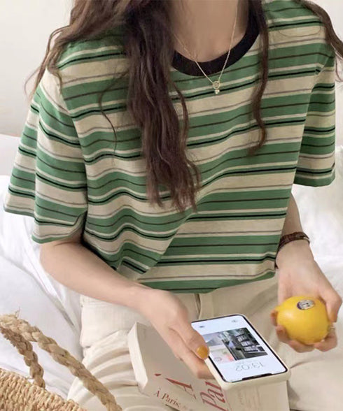 マルチボーダーTシャツ 半袖カットソー夏 レディース 配色プルオーバー クルーネック バイカラー 夏トップス 着やせ おしゃれ カジュアル tシャツ半袖 レトロT 90QIY-001