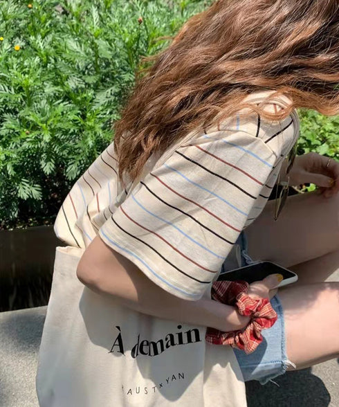 マルチボーダーTシャツ 半袖カットソー夏 レディース 配色プルオーバー クルーネック バイカラー 夏トップス 着やせ おしゃれ カジュアル tシャツ半袖 レトロT 90QIY-001